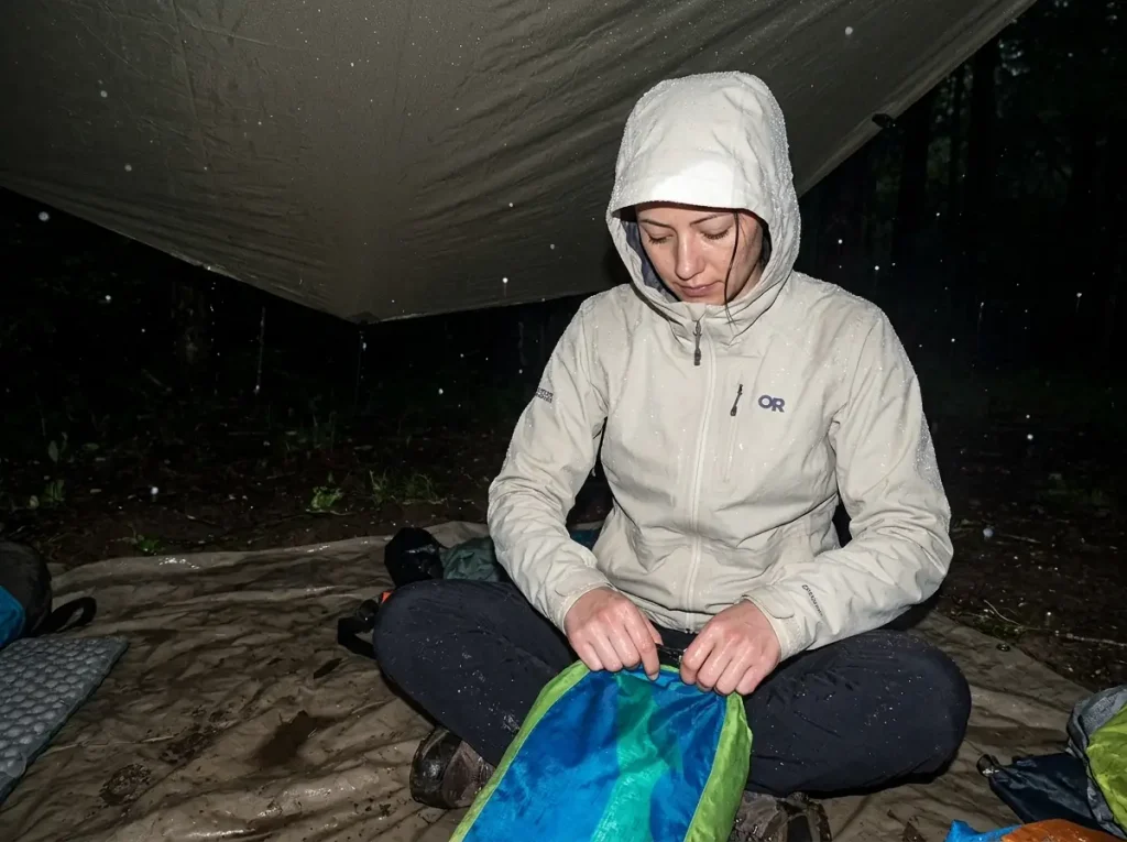 Backpacker in an Outdoor Research Aspire 3L rain jacket sorting gear under a tarp at dusk in steady rain