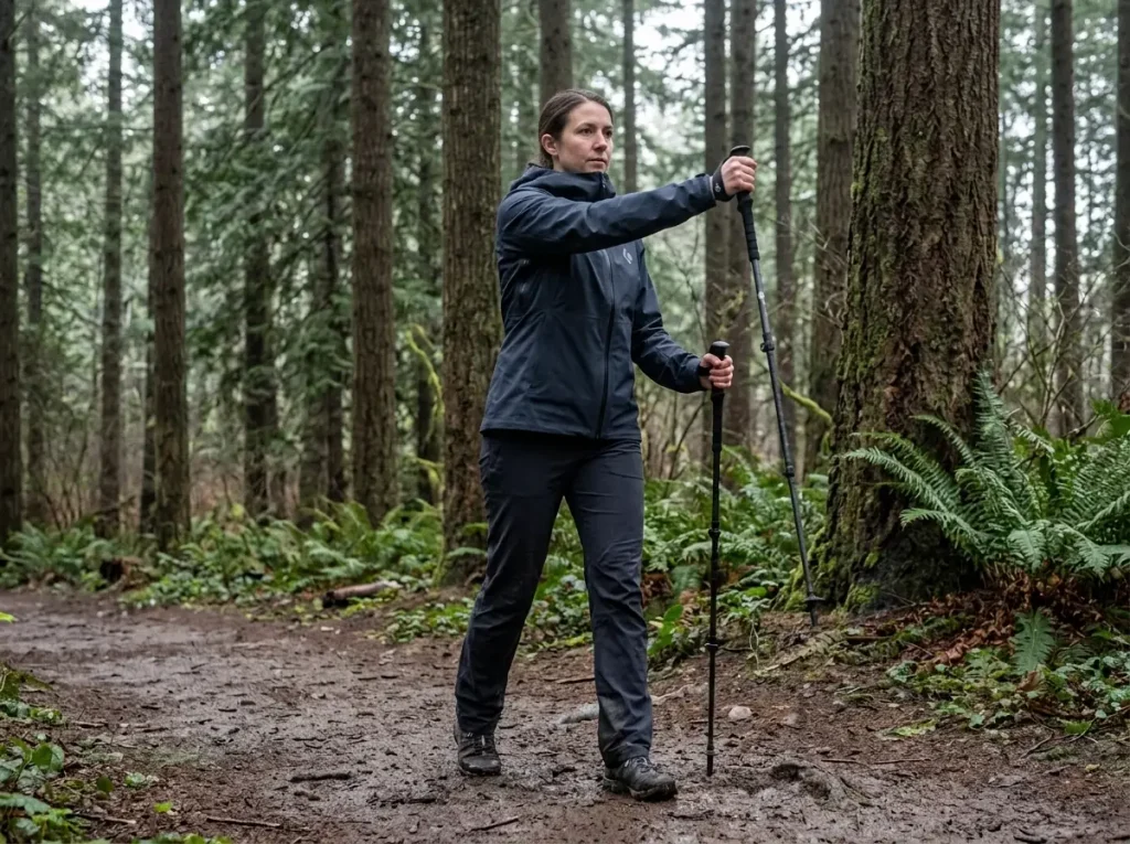 Hiker mid-stride in a Black Diamond Fineline Stretch rain shell showing the gusseted underarm