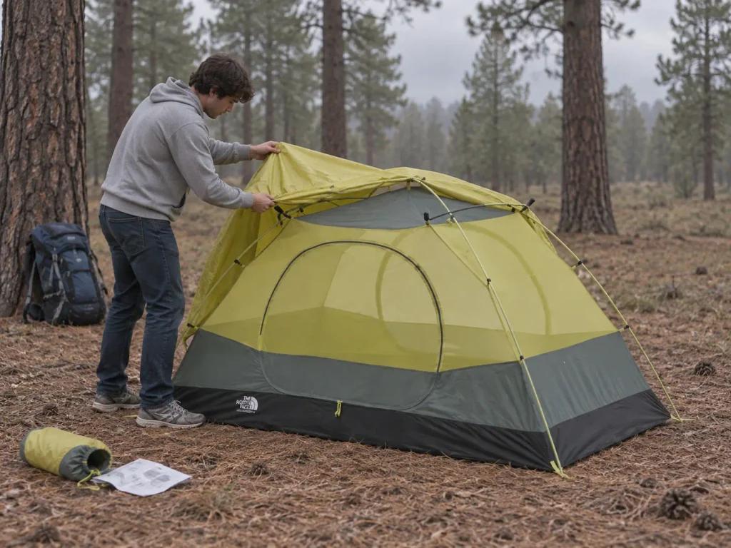 Beginner backpacker pitching a budget two-person tent on a first trip in the Sierra foothills
