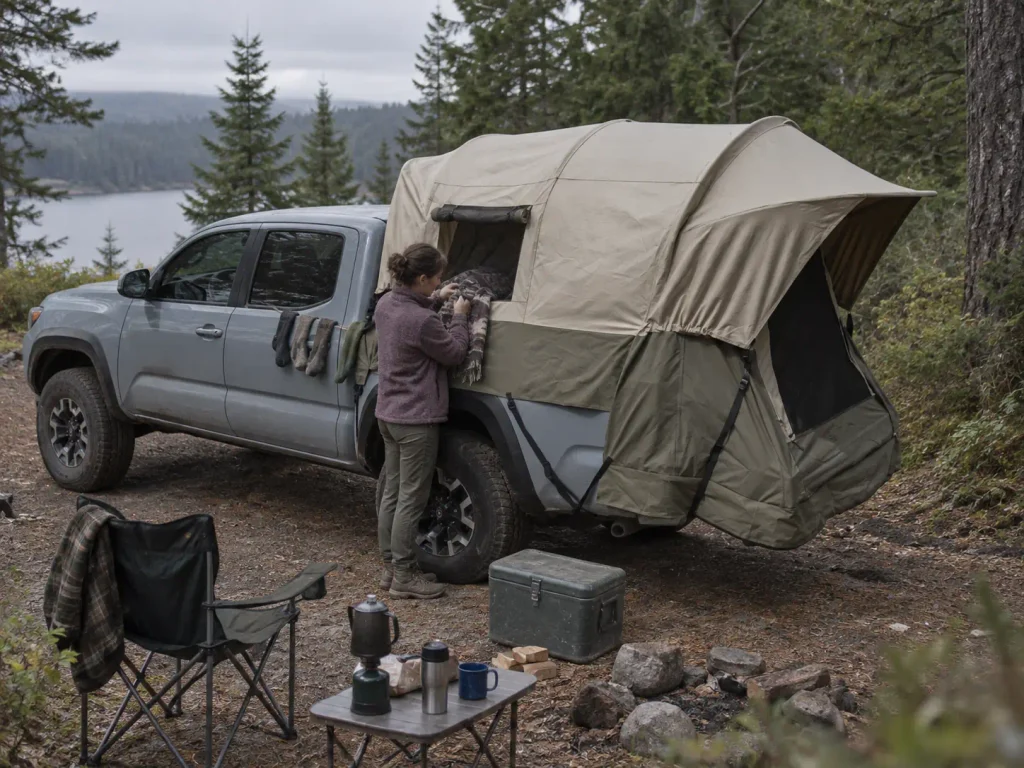 Kodiak Canvas truck tent left pitched at a multi-day basecamp in a mid-size pickup bed