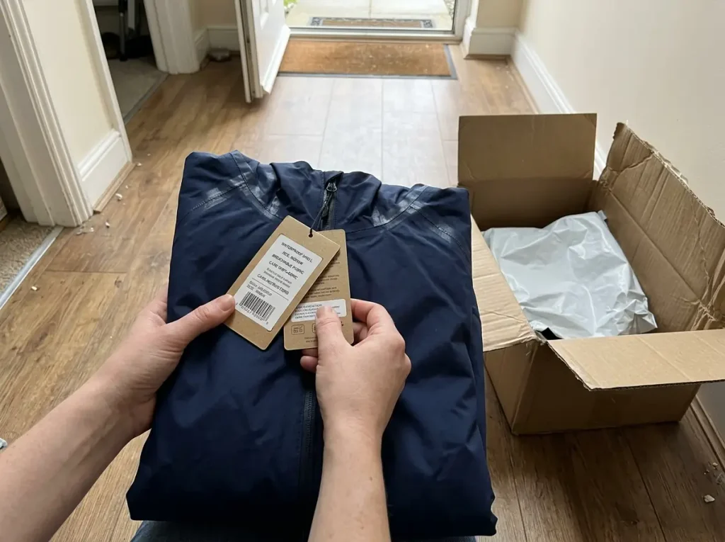 New waterproof rain jacket just unboxed at home with the shipping box and tags still attached