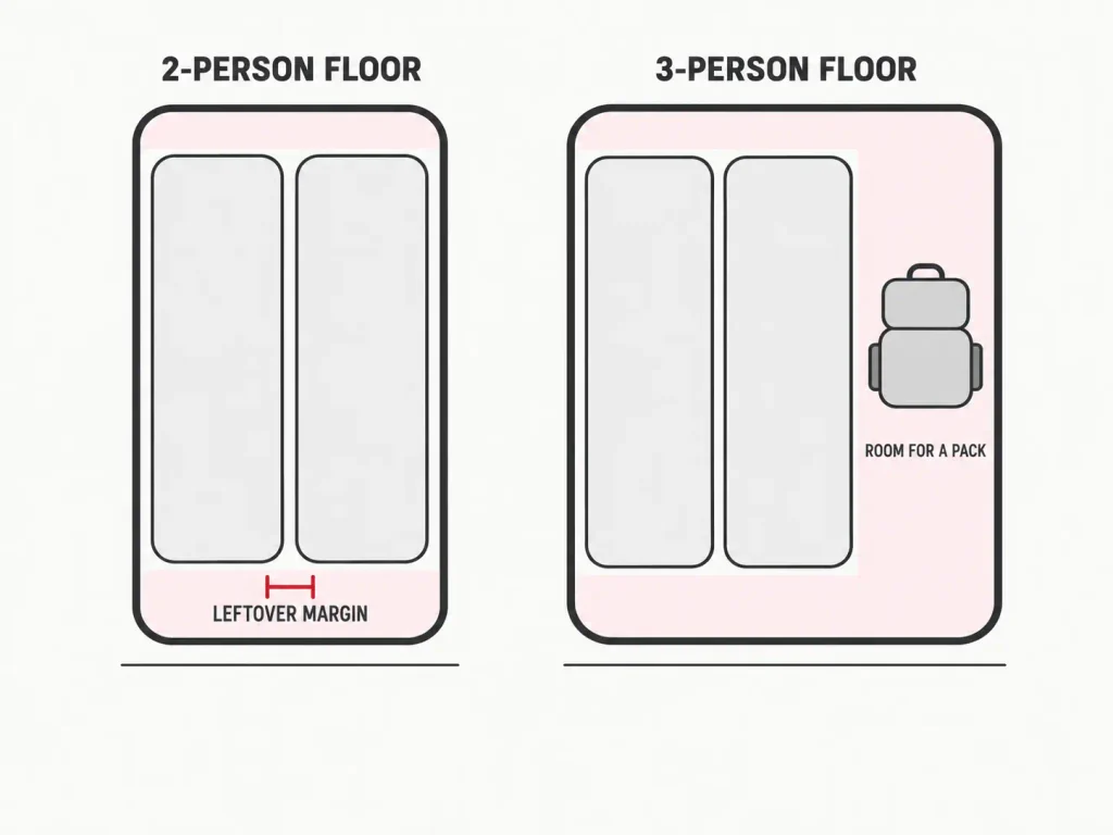 Top-down floor-plan chart comparing a 2-person tent floor with two 20-inch pads and its leftover margin against a wider 3-person tent floor