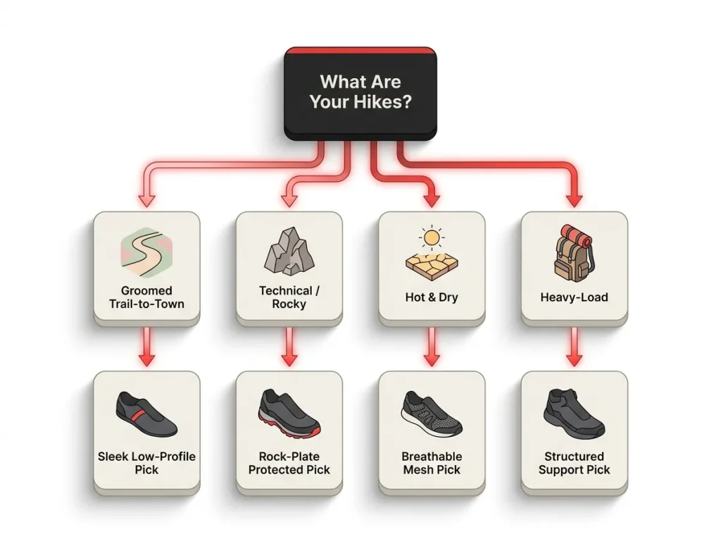 Decision flowchart routing hike type—groomed, technical, hot-dry, heavy-load—to the matching stylish hiking shoe pick