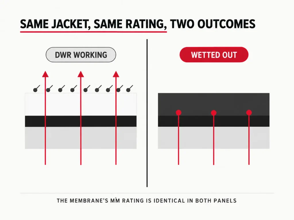Cross-section comparing a rain jacket with DWR working versus wetted out, showing vapor flow blocked in the second panel