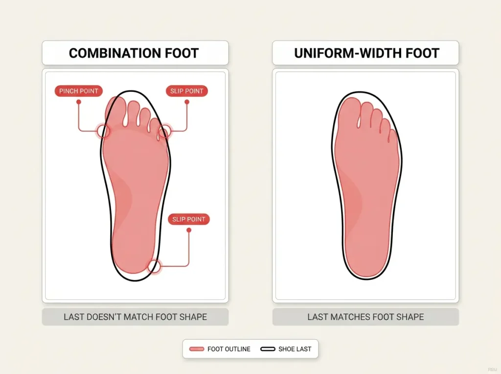 Anatomy diagram overlaying two foot outlines and shoe lasts showing where pinch and heel slip occur