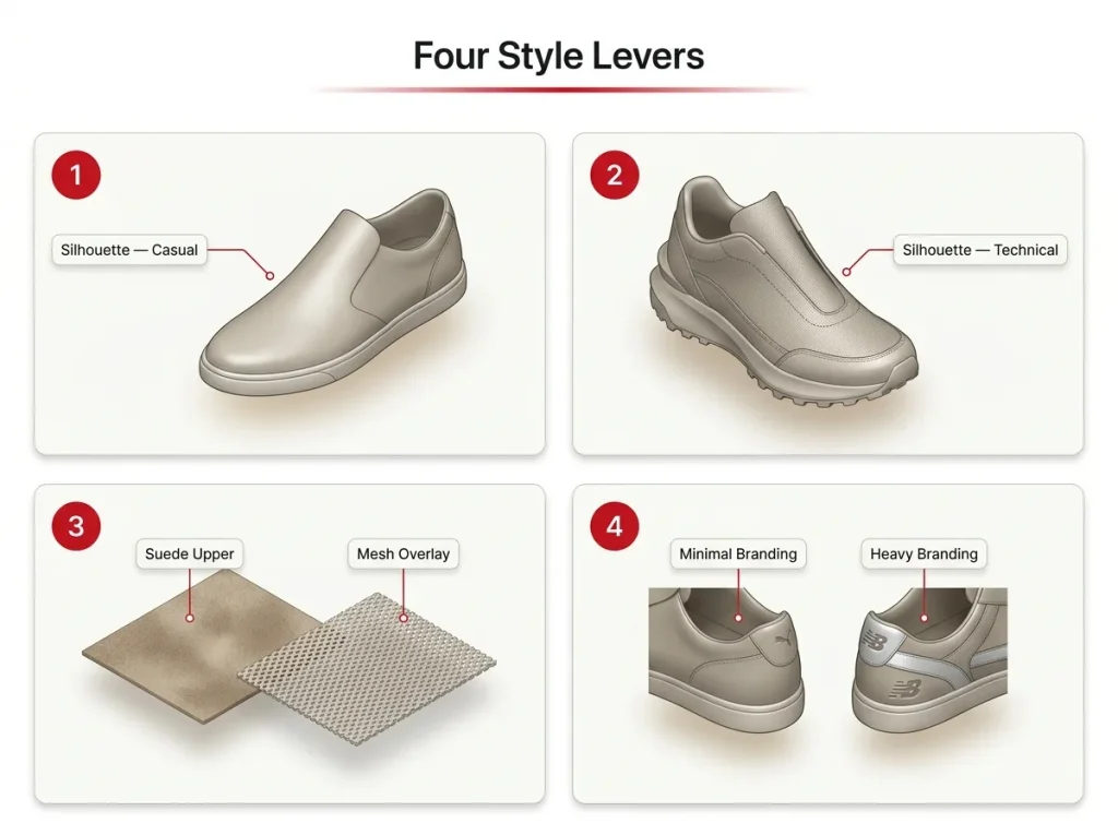 Infographic showing four hiking shoe style levers—silhouette, material, colorway, branding—compared on technical vs casual shoe outlines