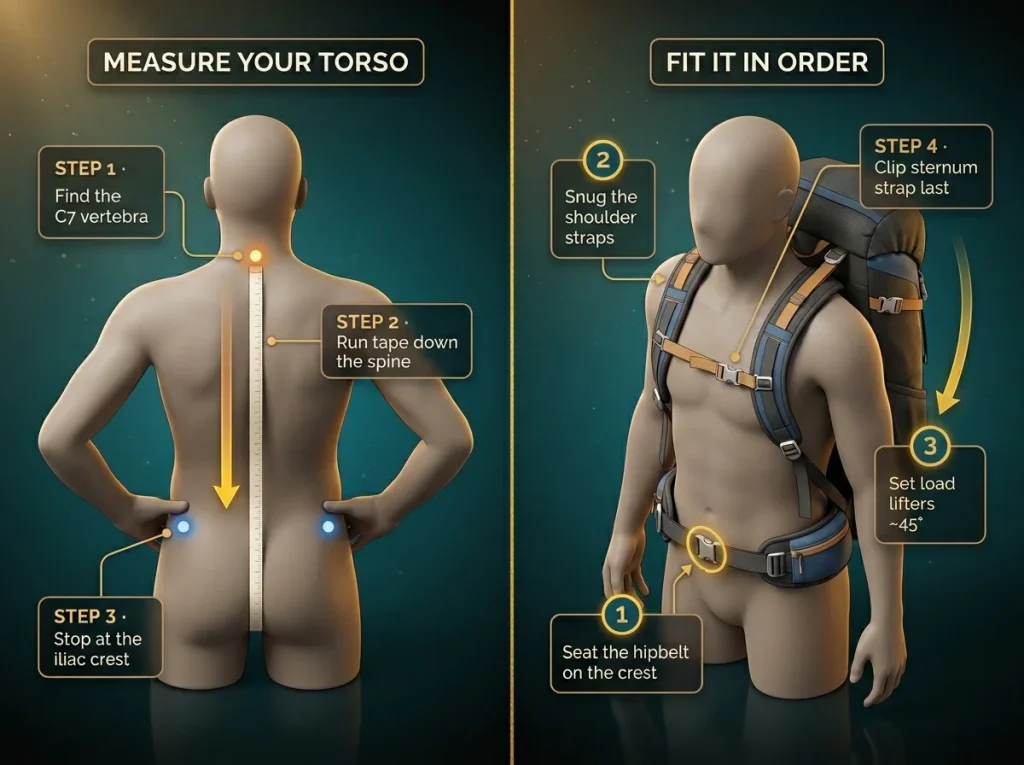 Step-by-step infographic showing how to measure torso length from C7 to iliac crest plus hipbelt-first fit order on a loaded pack