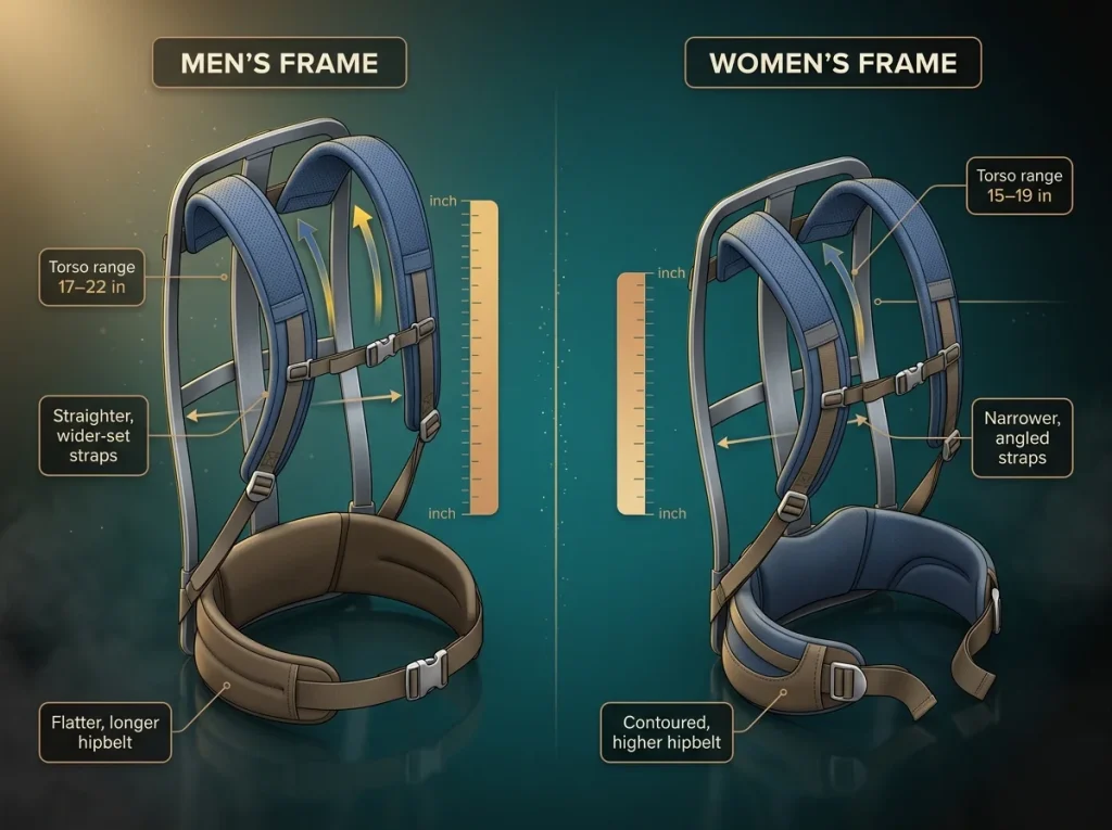 Comparison infographic showing men's vs women's hiking pack frames with torso range bands, strap angles, and hipbelt shapes