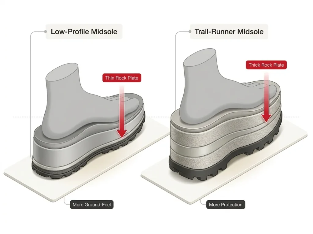 Diagram showing low-profile vs trail-runner midsole cross-sections with rock plate thickness callouts for protection versus ground-feel