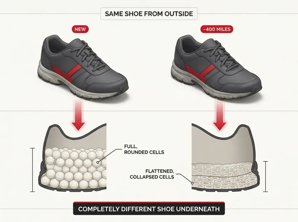 Cross-section diagram comparing new vs 400-mile midsole foam compression next to matching exterior shoe photos