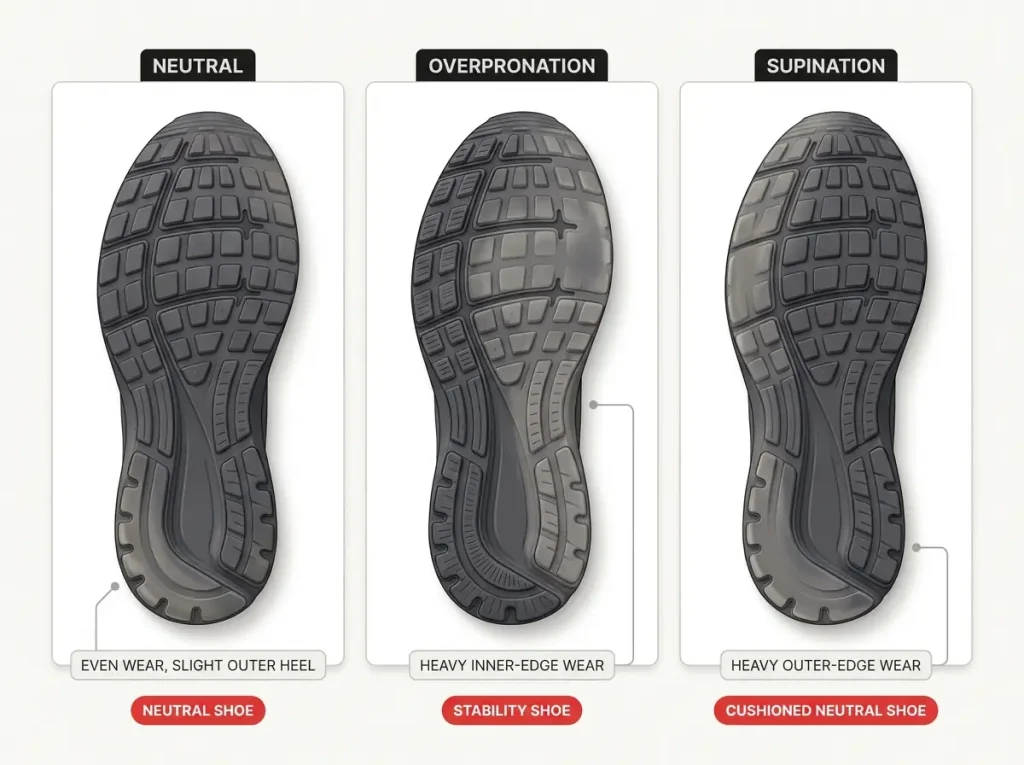 Three worn shoe outsoles from below showing neutral, overpronation, and supination wear patterns annotated