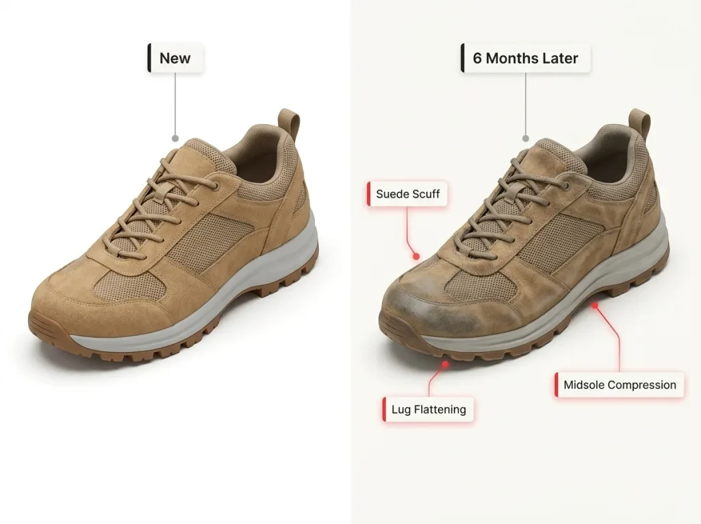 Infographic comparing a new vs six-month-worn hiking shoe with annotated lug flattening, suede scuff, and midsole compression