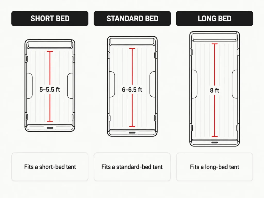 Chart comparing short, standard and long pickup truck bed size classes with the bulkhead-to-tailgate measurement line marked
