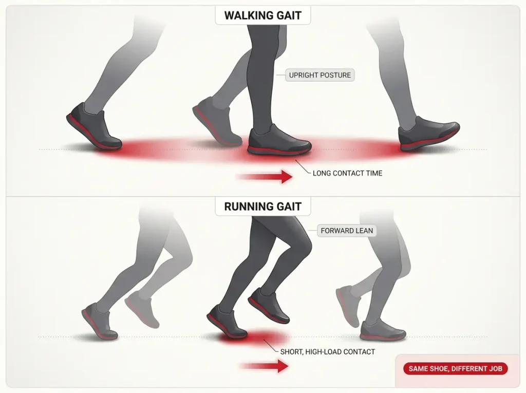 Diagram comparing walking vs running footstrike phases with pressure maps, ground contact time, and posture labels