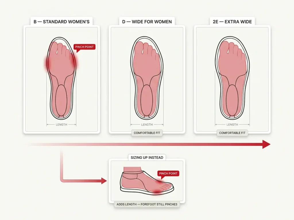 Width-ladder diagram comparing B, D, and 2E women's shoe widths at fixed length with pinch resolution callout