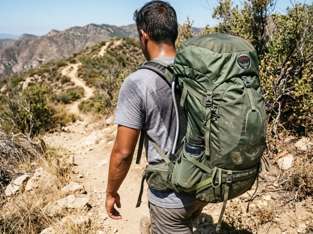 Back view of a suspended tensioned-mesh hiking backpack panel ventilating a hiker's back