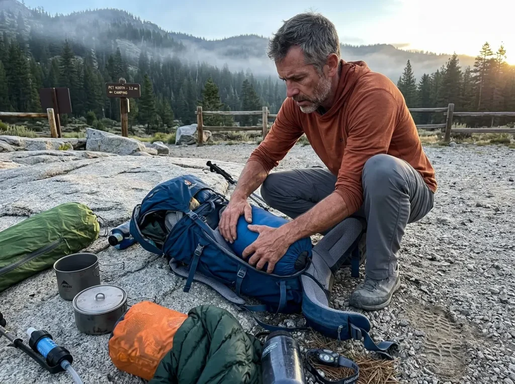 Hiker at a trailhead loading gear into an open men's hiking backpack before a trip