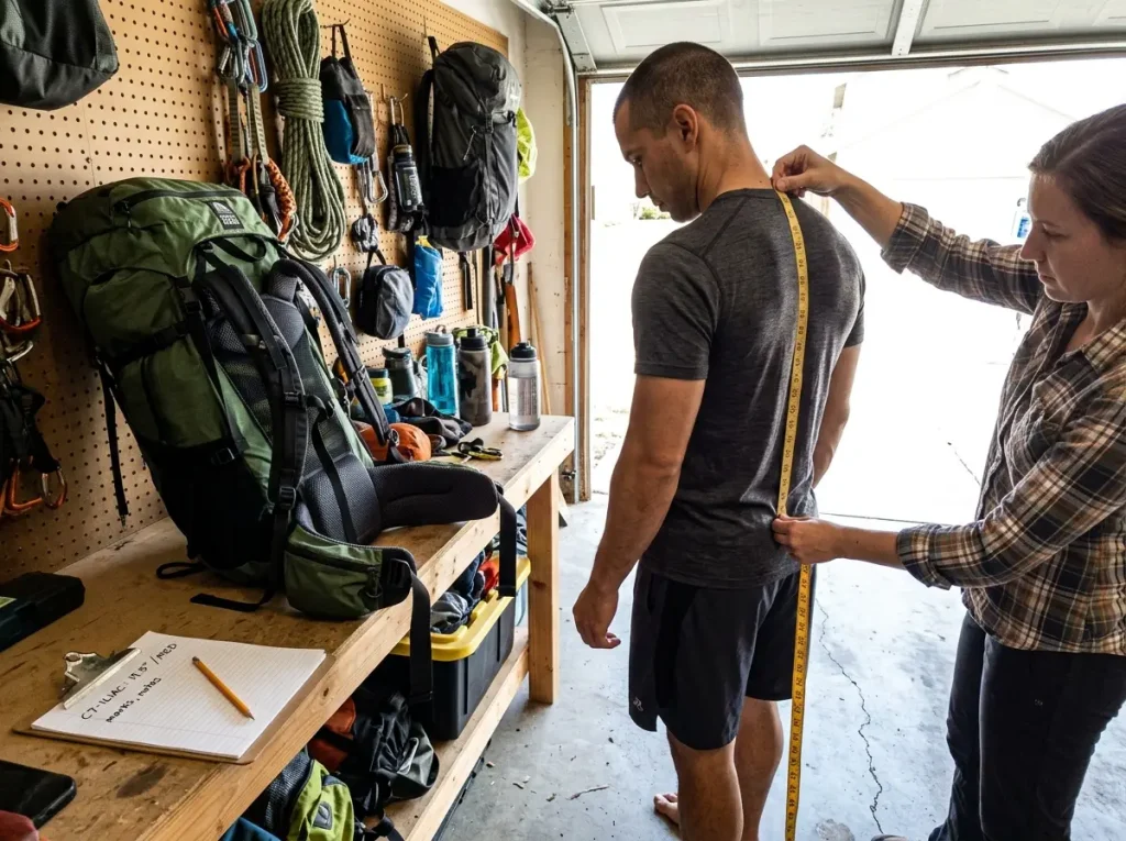 Measuring torso length with a tape from C7 to the iliac crest to size a hiking backpack