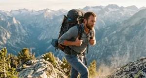 Best Men’s Hiking Backpacks for Every Trip 2026 Man hiking a granite ridge with a loaded men's hiking backpack at golden hour