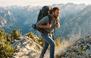 Best Men’s Hiking Backpacks for Every Trip 2026 Man hiking a granite ridge with a loaded men's hiking backpack at golden hour