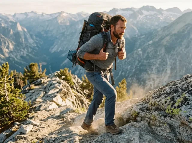 mens-hiking-backpack-ridge-hero Man hiking a granite ridge with a loaded men's hiking backpack at golden hour