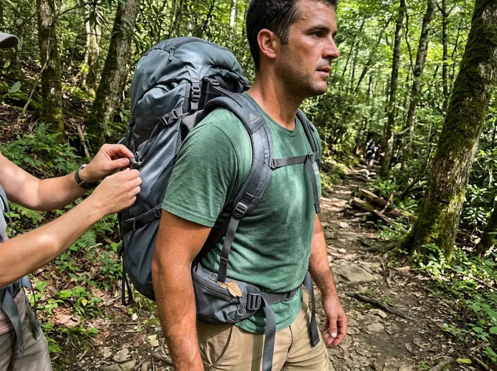 Close fit view of a men's hiking backpack hipbelt and shoulder straps on a male hiker