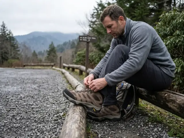 0-alum-cave-bluffs-trailhead-boots Hiker lacing a boot at the Alum Cave Bluffs trailhead in Great Smoky Mountains National Park