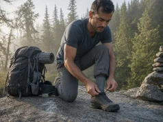 5 Good Trekking Shoes Compared Sole Stiffness Wins Hiker lacing good trekking shoes on a wet granite step before a long climb
