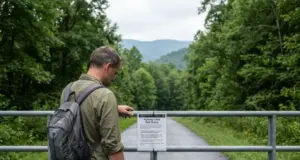 Is Laurel Falls Trail Open? Not Until 2027 Closed gate and construction signage at the Laurel Falls Trail trailhead in Great Smoky Mountains National Park