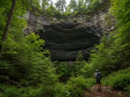 Hiker at the base of Alum Cave Bluffs in the Smoky Mountains, surrounded by lush greenery and towering trees.