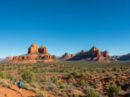 Panoramic view of Bell Rock Trail in Sedona with red rock formations and hikers.