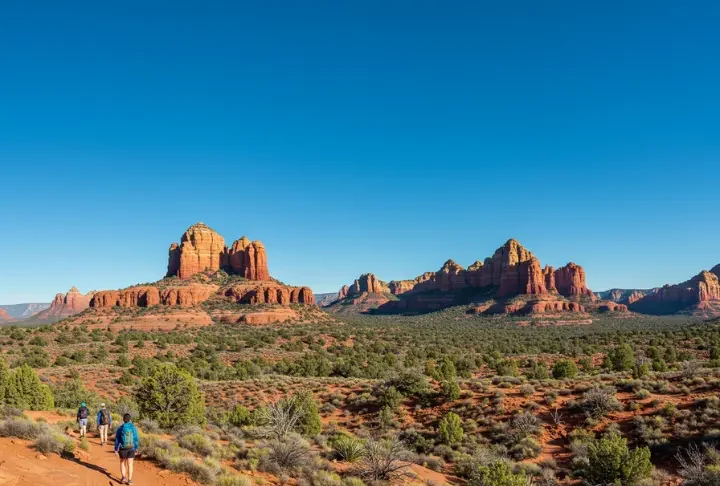 Panoramic view of Bell Rock Trail in Sedona with red rock formations and hikers.