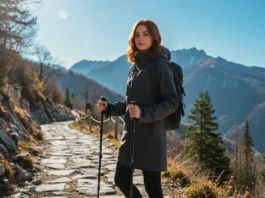 Stylish woman wearing a modern hiking coat on a mountain trail with alpine scenery.