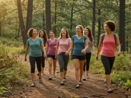 Women hiking in comfortable toe-drop sandals on a scenic trail, showcasing natural movement and support.