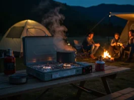 Family cooking on an LP camp stove at a cozy campsite under a starry sky.