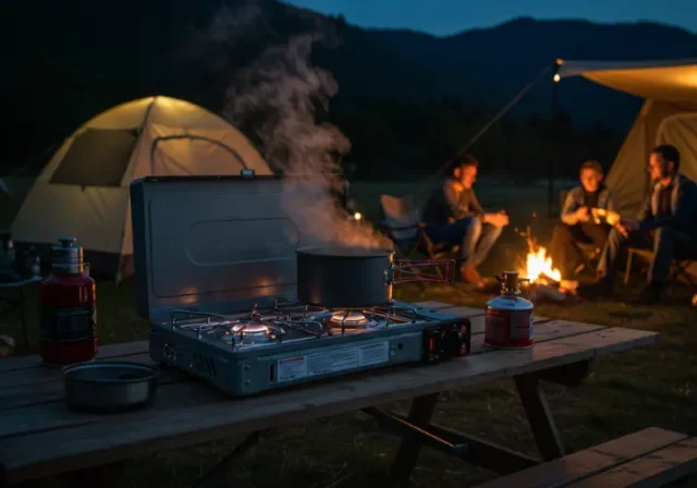 Family cooking on an LP camp stove at a cozy campsite under a starry sky.