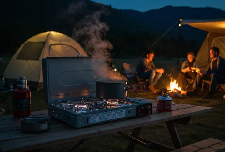 Family cooking on an LP camp stove at a cozy campsite under a starry sky.