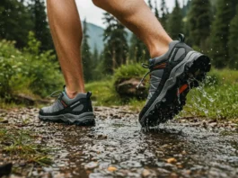 Mens waterproof hiking shoes on a mountain trail, highlighting durability and all-day comfort.