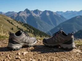 High-quality trekking shoes on a mountain trail, ready for adventure.