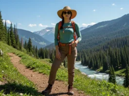 Confident woman in stylish hiking attire on a scenic mountain trail with lush greenery and distant peaks.