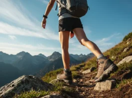 A woman hiking on a mountain trail wearing durable and stylish women's hiking boots.