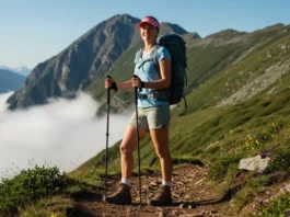 A female hiker wearing durable and lightweight hiking shorts on a mountain trail.