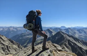Female Hiking Pants: The Definitive Expedition-Ready Edit A full-body shot of a female hiker in expedition-ready hiking pants and gear, standing on a mountain summit looking at the view.