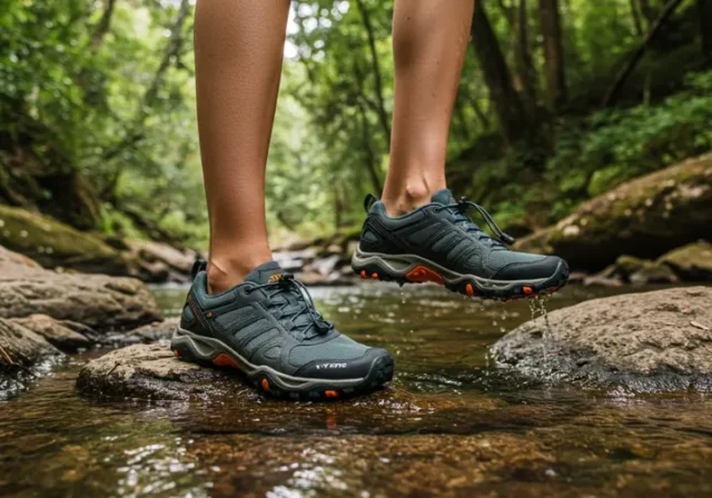 Hiker wearing versatile hiking and water shoes on a rocky trail with a forest and river backdrop.