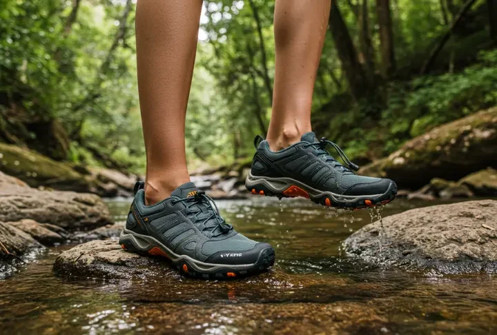 Hiker wearing versatile hiking and water shoes on a rocky trail with a forest and river backdrop.