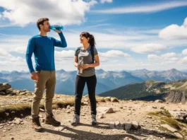 A man and a woman in full hiking gear take a water break on a mountain trail, drinking from different types of water bottles.