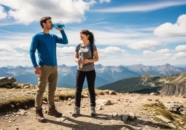 A man and a woman in full hiking gear take a water break on a mountain trail, drinking from different types of water bottles.