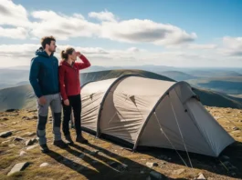 A man and woman in hiking gear stand next to their stable inflatable tent on a windy mountain ridge, looking at the view