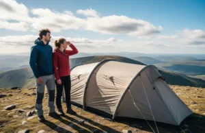 Inflatable Tents Rated for Trail Weight & Wind Stability A man and woman in hiking gear stand next to their stable inflatable tent on a windy mountain ridge, looking at the view
