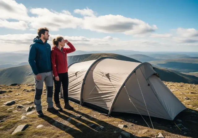 A man and woman in hiking gear stand next to their stable inflatable tent on a windy mountain ridge, looking at the view